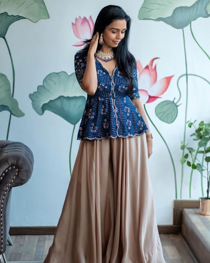 IssaStudio By Chetana Swathi On Instagram Issa Has Launched Its New Collection Presenting You Aquamani Peplum Top With Champagne Silk Palazzo @issadesignerstudio Jewellery …