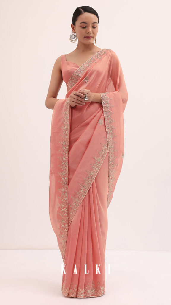 peach embroidered tissue saree with unstitched blouse